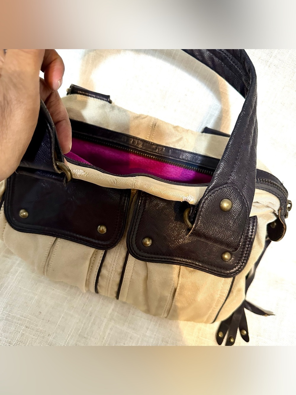 Beige Canvas Shoulder Bag with Dark Brown Leather Trim